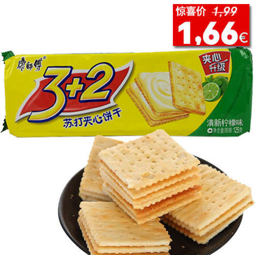 图片 康师傅 3+2苏打夹心饼干 绿袋 清香柠檬味 125g 